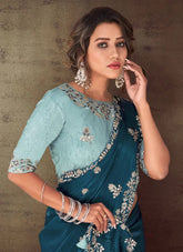 Navy Blue Organza Silk Embroidered Indian Saree